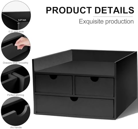 Charmewooden Bamboo Desk Organizer 3 Drawer with Shelf, Countertop Organizer with Drawers Makeup Storage Drawer 3 Drawers Tabletop Storage Organization Box Home Office Workspace（Black）