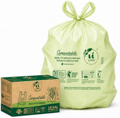 UNNI 1.6 Gallon Compostable Bags with Easy-Tie Handles, 6 Liter, 200 Count