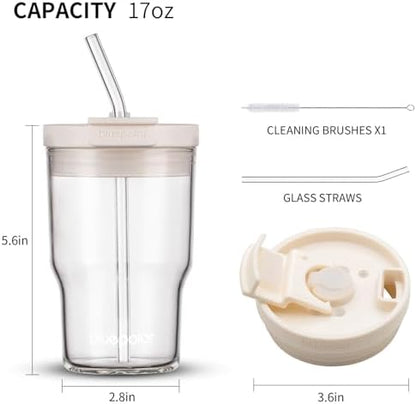 BLUEPOLAR 16oz/480ml Iced Coffee Cups With Lids And Straws,Reusable Leakproof Glass Tumbler,Water Bottles,Cold Brew,Drinking Jars For Juicing,Matcha,Tea,Smoothie For Travel,Office (Off-White)