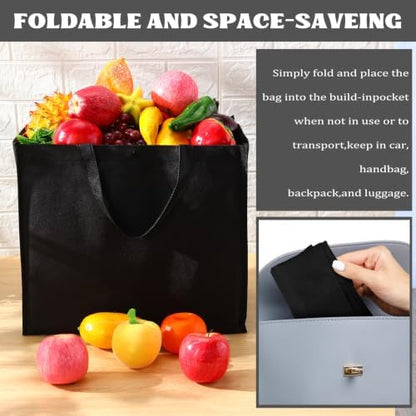 Zhehao 60 Pcs Reusable Grocery Bags Bulk Large Foldable Shopping Tote Bags Non Woven with Handle and Plastic Button(Black)