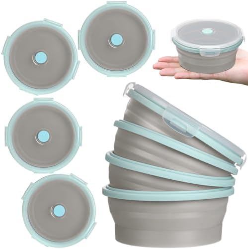 Suclain 4 Pcs Collapsible Bowls with Lids Silicone Camping Food Storage Container Expandable Folding Salad Lunch Box Travel Container for Hiking Camping