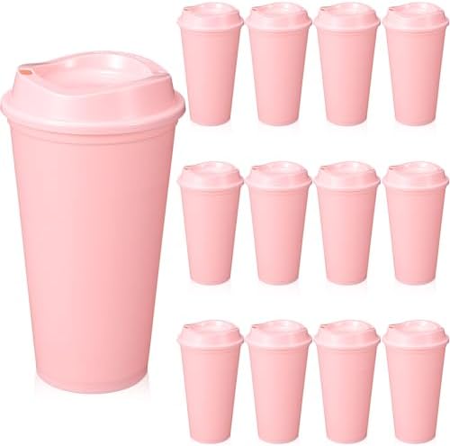 12 Pcs 16 Oz Reusable Coffee Cups with Lids - Plastic Travel Hot Cups Bulk Coffee Tumblers for DIY Hot Cold Drinks Party Favors Coworker (Pink)