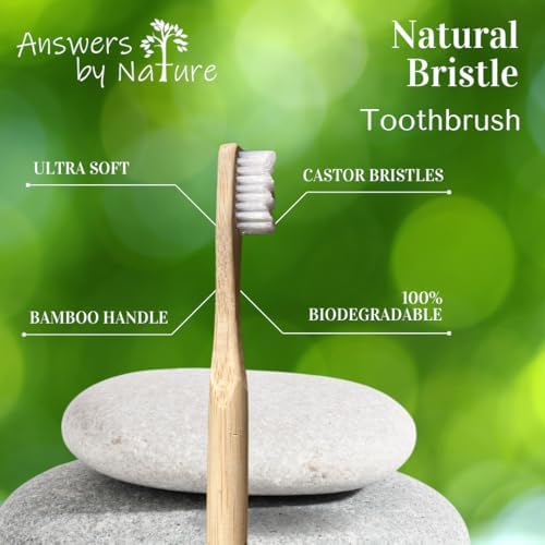 Adult Natural Bristle Toothbrush [4-Pack], Castor Bristles, 100% Biodegradable, Plant Based Bristles and Bamboo Handle