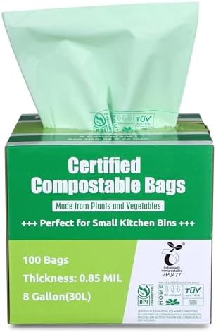 Compostable Bags, 8 Gallon (30L) Food Scraps Yard Waste Bags, 100 Count, Extra Thick 0.85 Mil. ASTM D6400 Compost Bags Small Kitchen Trash Bags, Certified by BPI & TÜV AUSTRIA