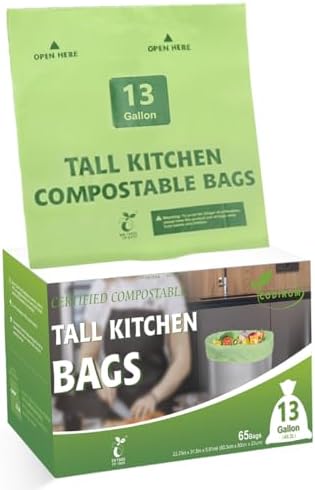 100% Compostable Trash Bags, 13 Gallon, 49.2 Liter, 0.91 Mils, 65 Count Kitchen Tall Food Scrap Compost Bags for Tall Kitchen Trash Cans with Europe EN13432 Certified