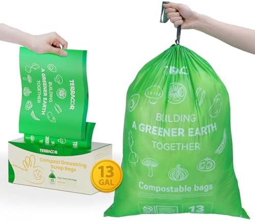13 Gallon Compostable Trash Bags Drawstring, Heavy Duty Extra Thick 1 Mil, 35 Bags, Tall Kitchen Food Scrap Waste Bag, ASTM D6400