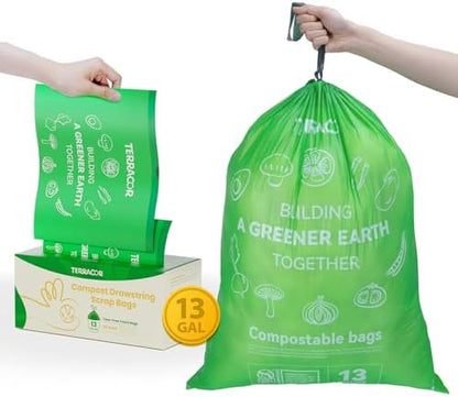13 Gallon Compostable Trash Bags Drawstring, Heavy Duty Extra Thick 1 Mil, 35 Bags, Tall Kitchen Food Scrap Waste Bag, ASTM D6400