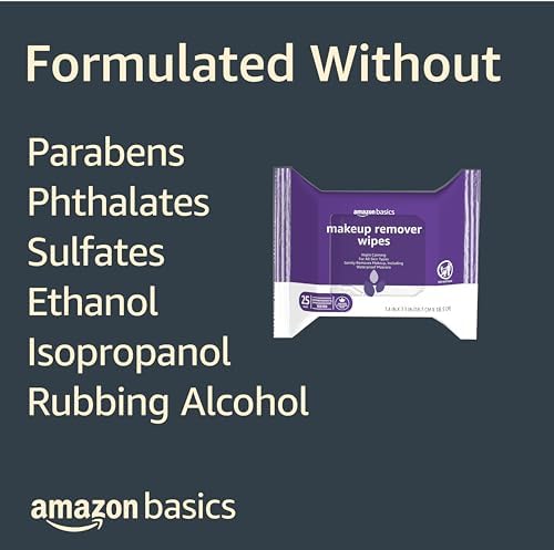 Amazon Basics Makeup Remover Wipes, Gentle Cleansing, Dermatologist Tested, Night Calming, Plant Based, Alcohol-Free, Removes Waterproof Mascara, pH Balanced, 25-Count, 6-Pack