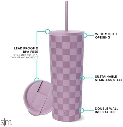 Simple Modern Insulated Tumbler with Lid and Straw | Iced Coffee Cup Reusable Stainless Steel Water Bottle Travel Mug | Gifts for Women Men Her Him | Classic Collection | 24oz | Lavender Checkmate