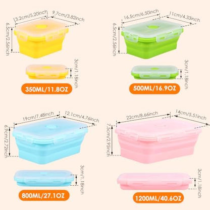 4Pcs Collapsible Silicone Food Container with Lid Heat Resistant Foldable Food Storage Containers Microwave Dishwasher and Freezer Safe 350/500/800/1200 ml for Kitchen Picnic Travel(Multicolor)