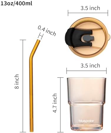 BLUEPOLAR 13oz/400ml Glass Water Tumbler with Straw and Lid Sealed Carry On Thick Wall Iced Coffee Cup Glass Cup for Water, Iced Tea Fruit Juice Etc (Amber-2 Pack)