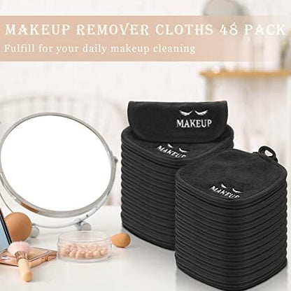 Queekay 48 Pcs Makeup Remover Cloths Reusable Washable Remover Pads Soft Microfiber Face Towels Facial Cleansing Cloths for Face Hand Eye Lips Bathroom Gift for Women 5 x 5 Inch(Black)