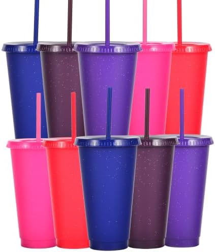 Suertestarry Tumbler with Straw and Lid,Water Bottle Iced Coffee Travel Mug Cup,Reusable Plastic Cups,Perfect for Parties,Birthdays,24oz-5 Pack (Solid Color, 10 pack)