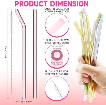 10 Pcs Reusable Glass Straws Shatter Resistant, 8” Colorful Glass Straws