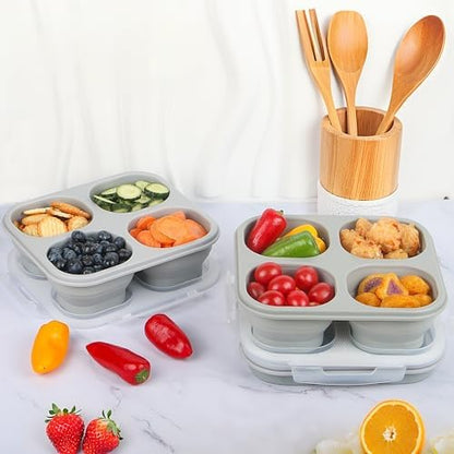 Collapsible Silicone Food Storage Container, 4-Compartment Snack Containers Portion Control with Clip-on Lid, Stackable, Space Saving, Microwave/Fridge/Freezer/Dishwasher Safe (3)