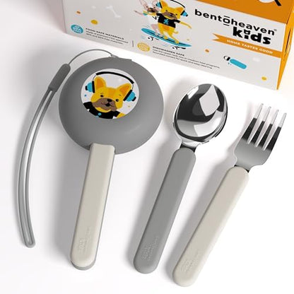 Bentoheaven Kids Utensils Set with Case, Reusable Fork & Spoon, Bulldog