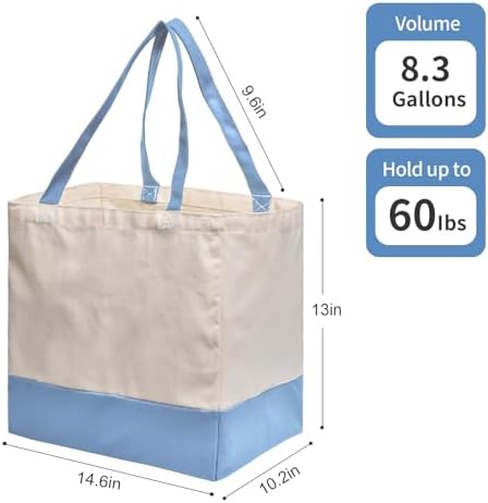Reusable Grocery Bags Heavy Duty, 8.3 gal Foldable Large Canvas Tote Bag with Handles, Holds 60 lbs Canvas Shopping Bags, 3 Pack（Off White+Light Blue）