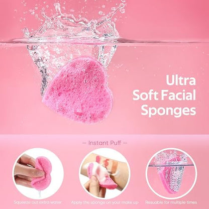 GAINWELL 50-Count Heart Shape Compressed Facial Sponges for Daily Facial Cleansing and Exfoliating, 100％ Natural Cosmetic Spa Sponges for Makeup Remover