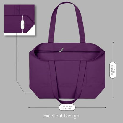TOPDesign 3-Pack Canvas Tote Bags with an External Pocket, Reusable Grocery Shopping Bags, Top Zipper Closure, Daily Essentials (Purple)