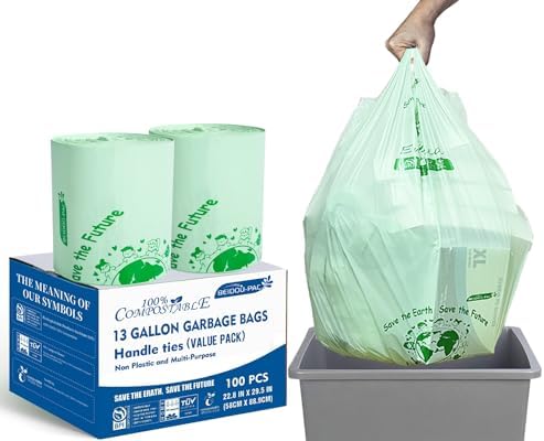 BEIDOU-PAC Compostable 13 Gallon Trash Bags, Tall Kitchen Garbage Bags with Handle, Sturdy Compost Bags, 100 Count, US BPI Certified