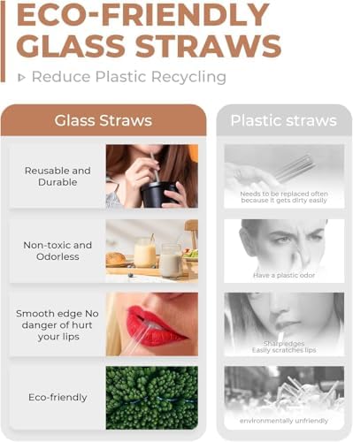 Foogwee® 20 Packs Reusable Glass Straws Set, 10'' x 8mm Clear Drinking Straws for Smoothies, Shakes, Coffee, Juice, Sodas, Milk, Tea, Cocktails, Set of 8 Straight and 8 Bent with 4 Cleaning Brushes