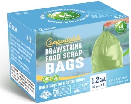 UNNI Compostable Drawstring Bags, 1.2 Gallon, 80 Count, Extra Thick 1 Mil
