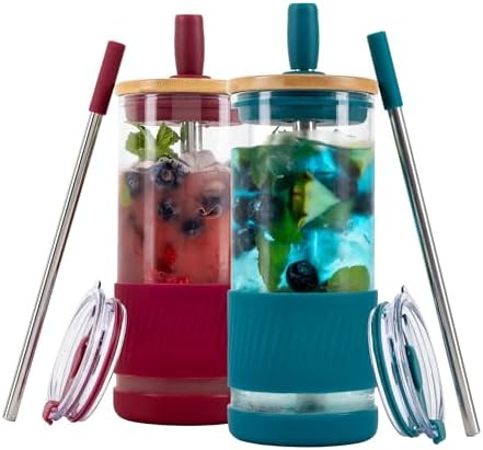Pandaloo® Glass Cups With Lids and Straws -20 Fl Oz- Perfect Size Iced Coffee Cup - Smoothie Cup With Bamboo Lid and On the go Lid - Glass Tumbler (2 Count (Pack of 1), Boysenberry-Intense Teal)