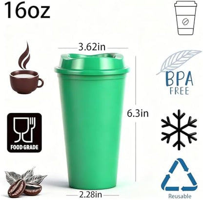 16oz Reusable Plastic Coffee Cups with Lids, 13 Pack, Green