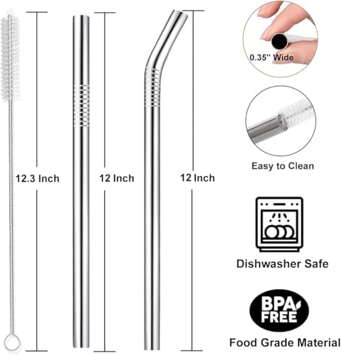 Vinaco 4 Pcs 0.35" Wide Bore Reusable Stainless Steel Metal Smoothie Straws
