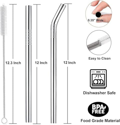 Vinaco 4 Pcs 0.35" Wide Bore Reusable Stainless Steel Metal Smoothie Straws