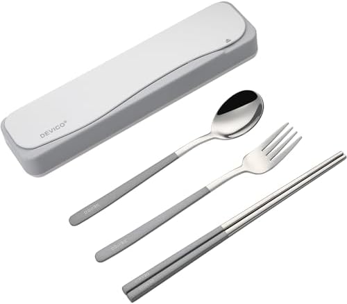 DEVICO Travel Utensils with Case, 4Pcs Portable Silverware Set for Work, 18/8 Stainless Steel Reusable Cutlery, Korean Spoon and Chopsticks Fork for Camping, School, Lunch Box Accessories (Grey)