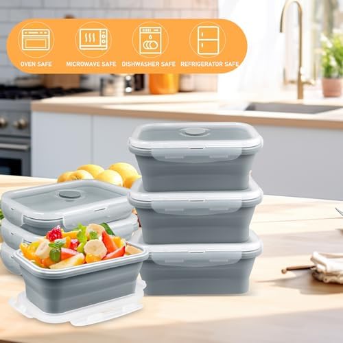 8 Pack 17 oz Collapsible Food Storage Containers, Silicone Lunch Boxes,Gray