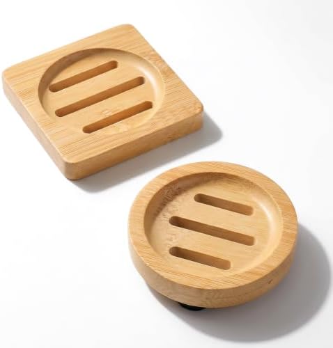 2 Pcs Bamboo Soap Holder, Wood Soap Dish (Round and Square)