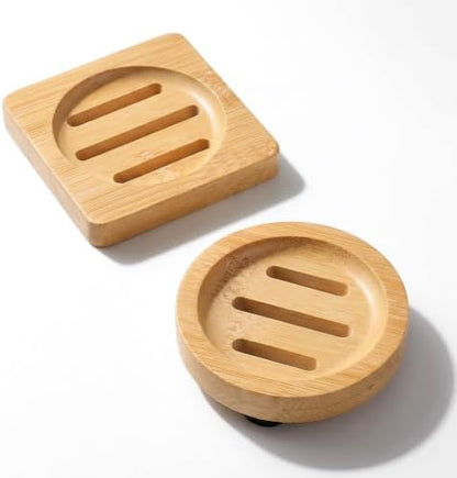 2 Pcs Bamboo Soap Holder, Wood Soap Dish (Round and Square)