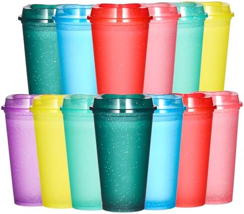 16oz Reusable Plastic Coffee Cups with Lids, 13 Pack