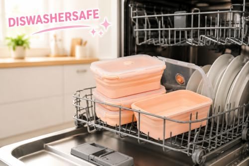 Plus 4PCS Foldable Silicone Food Storage Containers for Kitchen Storage for Leftovers Fruits and Meal Prep Dishwasher Safe Microwave Safe Ideal for Home and Travel (Pink, 27OZ)
