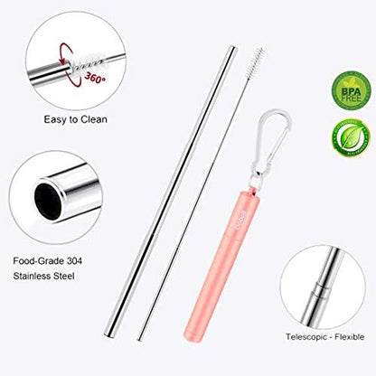 2 Pack Reusable Metal Straws Collapsible Stainless Steel Drinking Straw Travel Portable Telescopic Straw with Case for Cruise Ship Essentials Black/Rose Gold