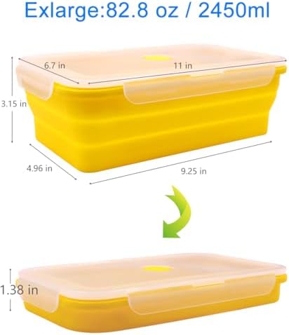 Extra Large Collapsible Silicone Food Storage Containers With Lids, 82.8oz, 2 Pack, XXL Foldable Bento Lunch Box, Rv Collapsible Bowls, Big Meal Boxes for Kitchen, Camping (Red and Yellow)