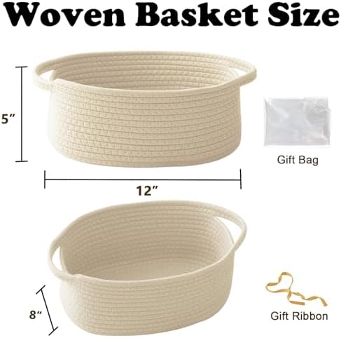 Cream Woven Rope Basket,Baby Gift Basket with Bag & Ribbon