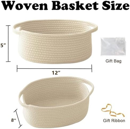 Cream Woven Rope Basket,Baby Gift Basket with Bag & Ribbon