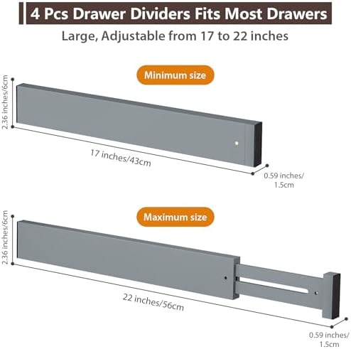 DUCOO 4 PCS Drawer Divider, 17"-22" Adjustable Bamboo Drawer Dividers Organizers, Expandable Separators for Kitchen, Clothes, Dressers, Home, Office, Gray