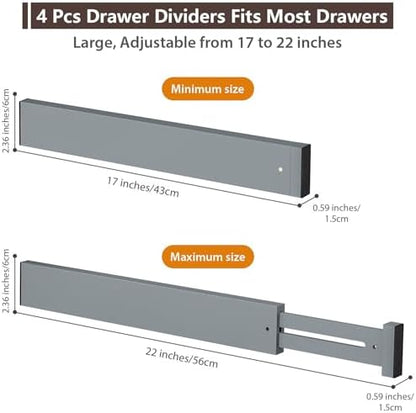 DUCOO 4 PCS Drawer Divider, 17"-22" Adjustable Bamboo Drawer Dividers Organizers, Expandable Separators for Kitchen, Clothes, Dressers, Home, Office, Gray