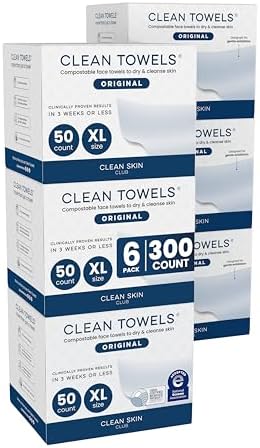 Clean Skin Club Clean Towels XL®, 100% USDA Biobased Face Towel, Disposable Face Towelette, Eczema Association Accepted, Makeup Remover Dry Wipes, Ultra Soft, 50 ct per pack, 6 Packs, 300 Ct Total