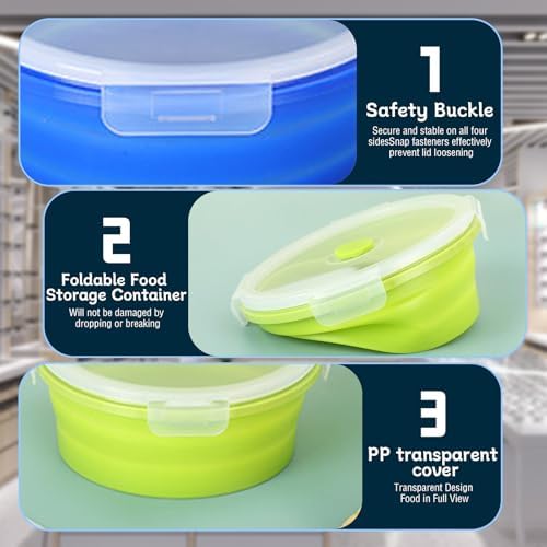 4 Collapsible Food Storage Containers, Silicone Food Storage Containers, Round Collapsible Bowls with lids, Microwave Freezer Dishwasher Safe (Colorful)