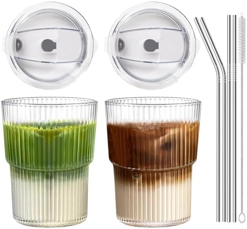 Iced Coffee Cups with Lids and Straws Set of 2, 16 Oz Unbreakable Plastic Drinking Cups Reusable Iced Coffee Cup to Go for Iced Tea,Juice, Water,BPA Free, Dishwasher Safe