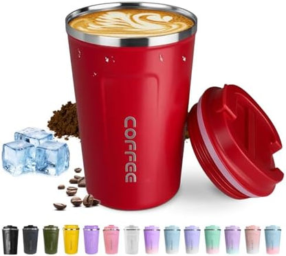 SPLMIFA Travel coffee mugs leak-proof, reusable coffee cup with lid, stainless steel vacuum insulated coffee tumblers, thermal insulation cups for men & women keep drinks hot & cold (2nd-Red, 12OZ)