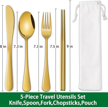 DEHOV Gold Travel Utensils Set With Pouch,Outdoor Camping Silverware Set For Picnic Gadgets,Set Of 5 Portable Cutlery Spoon And Fork Set With Case For Dining