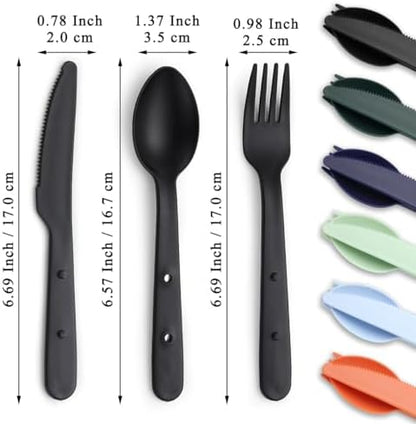 Evanda Travel Utensils Set for 6, Reusable Plastic Knife Fork Spoon Snapped Together for Easy Portability and Save Space, Silverware Cutlery Utensils Set for Work, Camping, Picnic, Gadgets, Lunch Box