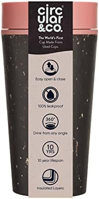 Circular and Co Leakproof Reusable Coffee Cup 12oz/340ml - The World's First Travel Mug Made from Recycled Coffee Cups, 100% Leak-Proof, Sustainable & Insulated (Black & Giggle Pink)