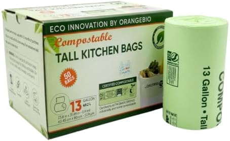 OrangeBio 13 Gallon Compostable Trash Bags, 50 Count, BPI Home Certified